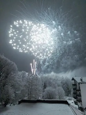 a firework display in the sky with snow and trees at Carroz d Araches , 2 pièces rénové vue montagne, 4 personnes, 3 min du centre, parking,balcon in Arâches-la-Frasse