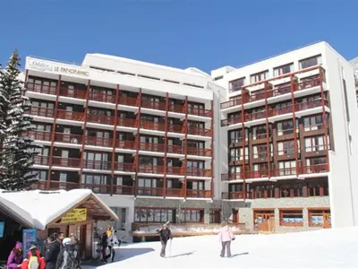 an aerial view of a building in the snow at Appartement skis aux pieds à Flaine avec parking et piscine - FR-1-425-227 in Arâches-la-Frasse