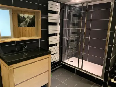 a bathroom with a shower and a sink at Chalet familial et chaleureux in Les Contamines-Montjoie