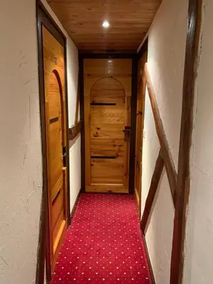 a hallway with a wooden door and a red carpet at Chalet familial et chaleureux in Les Contamines-Montjoie