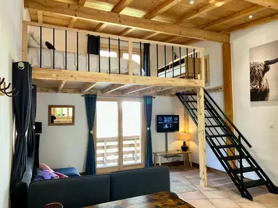 a living room with a loft bed and a couch at Private Loft Apartment, Central Chamonix in Chamonix-Mont-Blanc