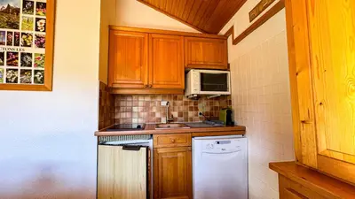 a small kitchen with wooden cabinets and a white dishwasher at Appartement Proche Des Pistes in Saint-Gervais-les-Bains