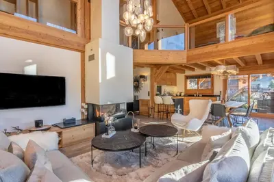 a living room with a couch and a fireplace at Chalet La Petite Forêt in Megève