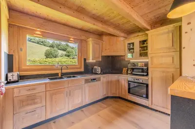 a bedroom with a bed and a television and a chair at Chalet du Jaillet in Demi-Quartier