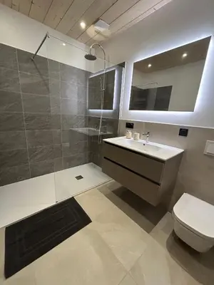 a bathroom with a sink and a shower and a toilet at Appartement Dolce Vista in Passy