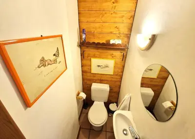 a small bathroom with a toilet and a mirror at La Ginabelle 2 - Vue MontBlanc in Chamonix-Mont-Blanc