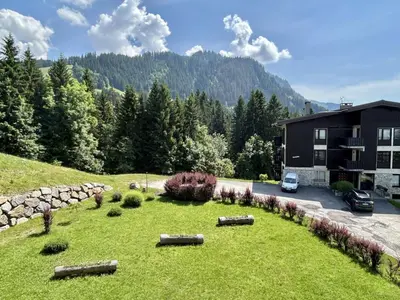 a large yard with logs in the grass in front of a building at Studio à Megève avec parking souterrain et casier à skis - FR-1-597-189 in Megève