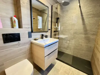 a bathroom with a sink and a shower at Studio confortable proche du centre avec parking, navette et randonnées à Megève - FR-1-597-190 in Megève