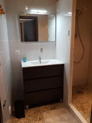 a bathroom with a sink and a shower with a mirror at Le Haut du Rosay in Sallanches