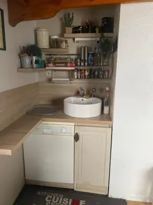 a small kitchen with a sink and a counter at Les blanches aiguilles in Les Carroz d'Araches