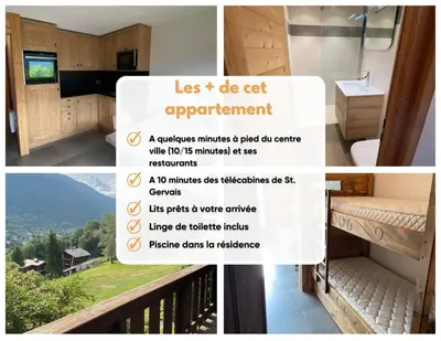 a collage of pictures of a bathroom and a balcony at Le Nid Douillet des Gerets in Saint-Gervais-les-Bains