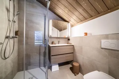 a bathroom with a shower and a toilet at Chalet Luluvert, Saint-Gervais - by EMERALD STAY in Saint-Gervais-les-Bains