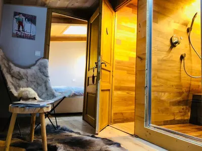 a dog is sitting on a table in a room at Superbe duplex with Hammam-Spa in Megève in Megève