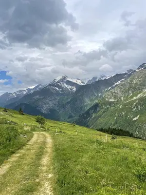 a dirt road in a field with mountains in the background at Chalet Nuances certifié 5 étoiles in Les Contamines-Montjoie