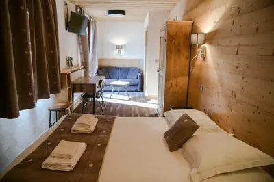 a bedroom with a large bed with a wooden wall at Le Dahu in Chamonix-Mont-Blanc