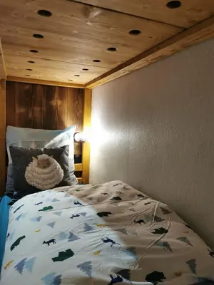 a bedroom with a bed and a wooden ceiling at le Nid Douillet au pied de Megève in Demi-Quartier