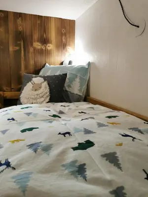 a bed with a comforter with bats on it at le Nid Douillet au pied de Megève in Demi-Quartier
