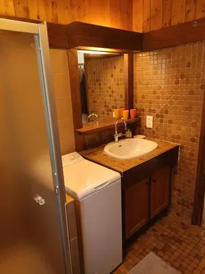 a bathroom with a sink and a washer at LE CLOS DE RENNEs in Megève