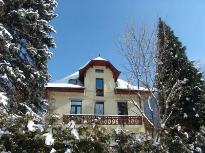 a house with a snow covered roof and a tree at Les Terrasses des Glaciers - Appartement 2 in Chamonix-Mont-Blanc