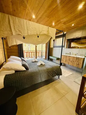 a bedroom with a canopy bed in a room at Chalet Monarch - Les Carroz - Sauna, Spa & vue Montagnes in Arâches-la-Frasse