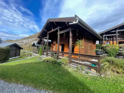 a log cabin with a grass yard in front of it at Chalet paisible avec cheminée et animaux acceptés près des pistes - FR-1-624-176 in Sixt