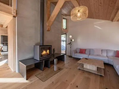 a living room with a fireplace and a couch at Chalet avec jacuzzi et animaux admis, vue Mont-Blanc - FR-1-343-259 in Chamonix-Mont-Blanc