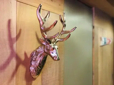 a bronze deer head hanging on a wall at Cosy duplex with Hammam-Steamroom in Rochebrune in Megève