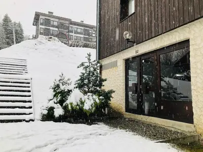 a christmas tree in the snow next to a building at Cosy duplex with Hammam-Steamroom in Rochebrune in Megève