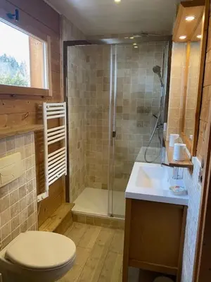 a bathroom with a shower and a toilet and a sink at Chalet vue montagne , proche des pistes in Megève