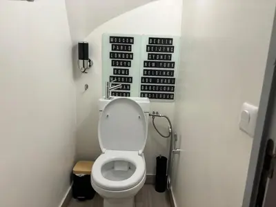 a bathroom with a white toilet in a room at Le Flocon - Centre - Megève - Wifi - Duplex in Megève