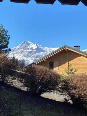 a house with a snow covered mountain in the background at Appartement de charme familial aux CARROZ d ARACHES in Arâches-la-Frasse