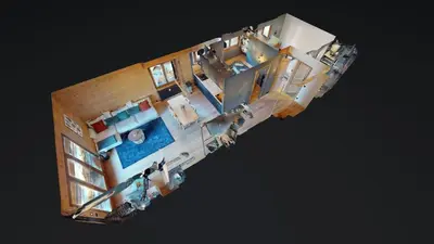 a rendering of a living room and kitchen with at Bright, warm 2BR 2min to gondola, private garden in Chamonix-Mont-Blanc
