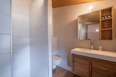 a bathroom with a toilet and a sink at Cozy big Chalet with Spectacular Mont-Blanc View in Chamonix-Mont-Blanc