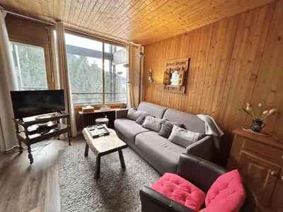 a living room with a couch and a tv at Appartement 2 Pièces + Coin Nuit, 4-6 Couchages avec Balcon et Parking à Megève - FR-1-597-191 in Megève
