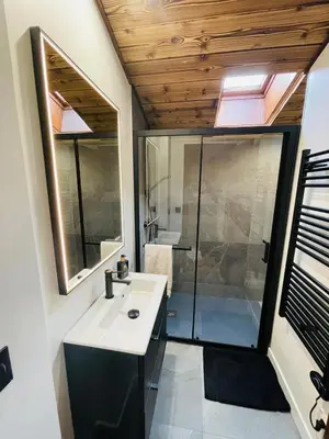 a bathroom with a sink and a shower at Duplex départ randonnée Megeve in Demi-Quartier