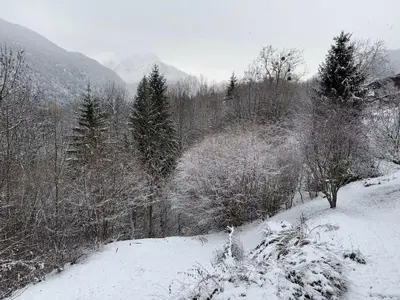 a snow covered hill with trees and mountains in the background at Appartement Saint-Gervais in Saint-Gervais-les-Bains