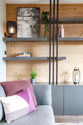 a living room with a couch and a wooden wall at Appartement de charme au pied des pistes de Cordon in Cordon