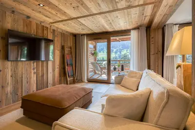 a living room with a couch and a chair and a television at Alto in Combloux