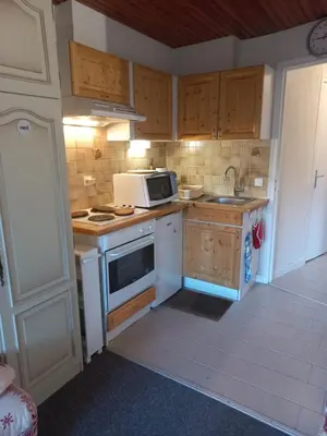 a small kitchen with a sink and a microwave at Appartement Cosy in Les Carroz d'Araches