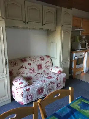 a small room with a bed and a kitchen at Appartement Cosy in Les Carroz d'Araches