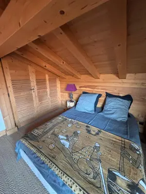 a bedroom with a large bed in a attic at Appartement duplex megeve in Megève
