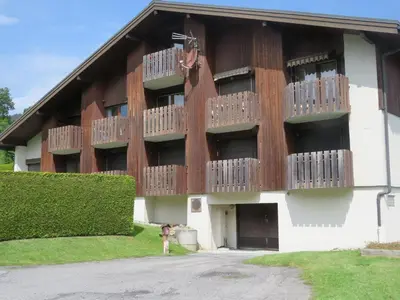 an apartment building with wooden balconies and a fire hydrant at Magnifique studio Megève in Megève