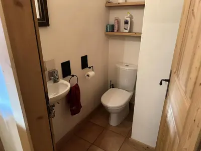 a small bathroom with a toilet and a sink at Chalet Medonnet - CHALET 10 personnes Combloux MAE-7241 in Combloux