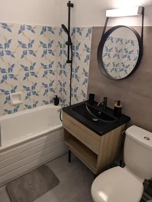 a bathroom with a sink and a toilet and a mirror at Appartement avec vue magnifique in Saint-Gervais-les-Bains
