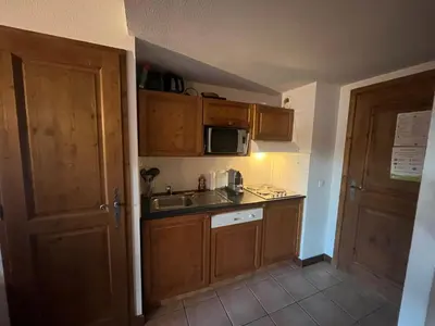 a small kitchen with wooden cabinets and a sink at Samoëns 2 in Samoëns