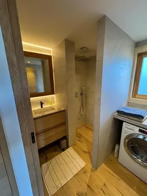 a bathroom with a sink and a washing machine at Le Mazot de L'Arpenaz in Combloux