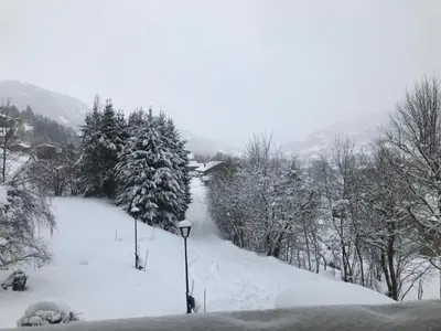 a snow covered slope with trees and a street light at Chalet Jeane proche du Centre ville de Megève in Megève