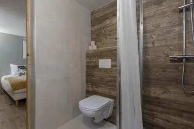 a bathroom with a toilet and a wooden wall at Pierre Belle - 80m2 - Grande Terrasse et Jardin in Chamonix-Mont-Blanc