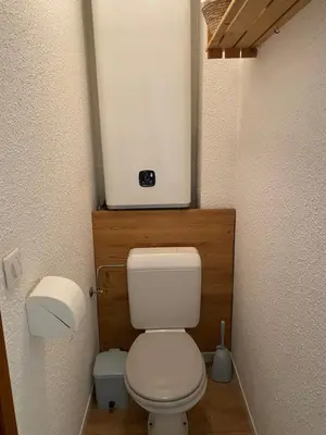 a small bathroom with a white toilet in a room at Studio Cosy 4 personnes avec jardin in Combloux