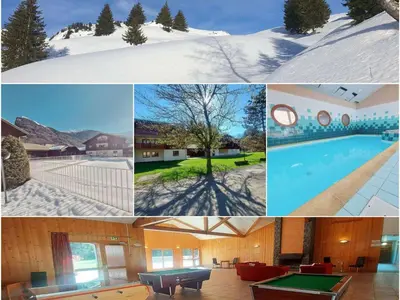 a collage of photos of a house and a pool at Appartement T2 6 pers avec Wifi et parking couvert - FR-1-629-145 in Samoëns